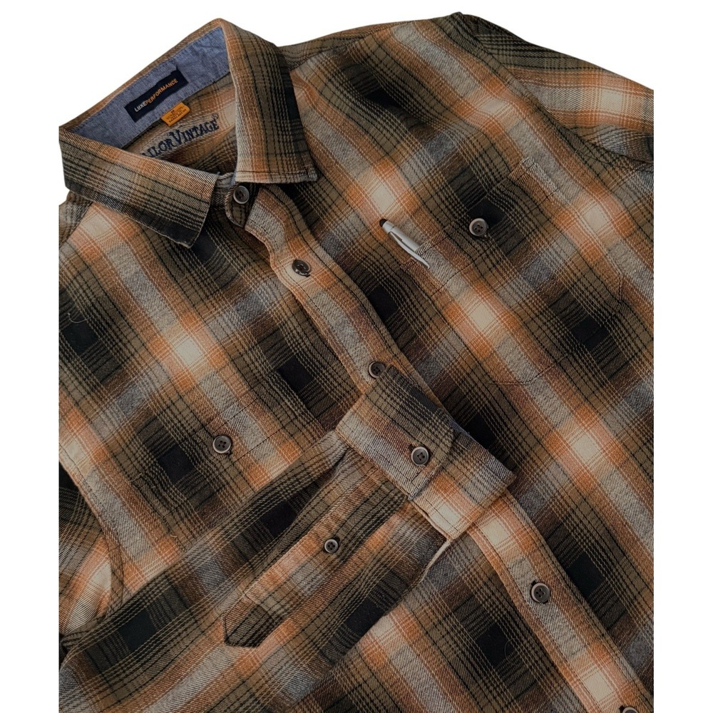 Tailor Vintage Men Flannel Shirt M Checked Button Down Olive Mustard Pocket Luxe
